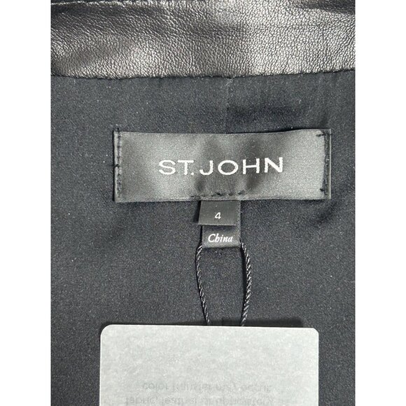 St John Women's Leather Zipper Moto Jacket in Cavier/Cream - Sz 4 - NWT - Picture 3 of 11